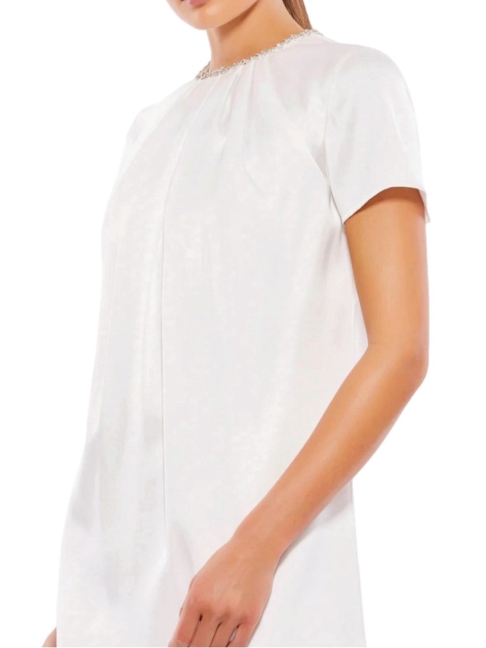 NWT IEENA for Mac Duggal White Short Sleeve Bridal Shift Dress with Rhinestones - Picture 2 of 7